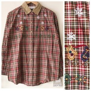 Casey & Max Vtg Embroidered Christmas Plaid Button Down Shirt Corduroy Collar M